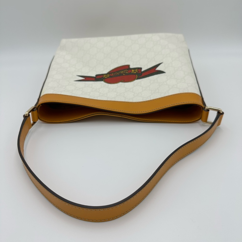 GUCCI WOMEN'S HEART TATTOO WHITE COATED CANVAS MEIER HOBO BAG TOTE HANDB… - Picture 4 of 12